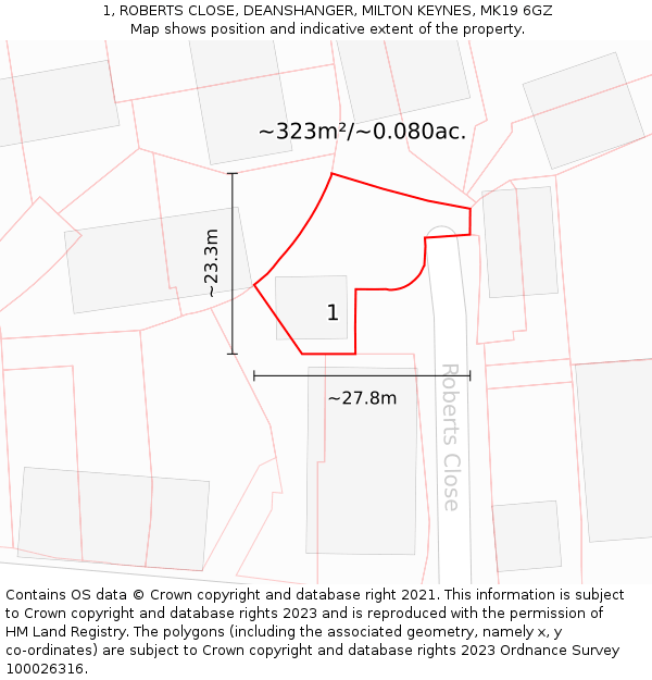 1, ROBERTS CLOSE, DEANSHANGER, MILTON KEYNES, MK19 6GZ: Plot and title map