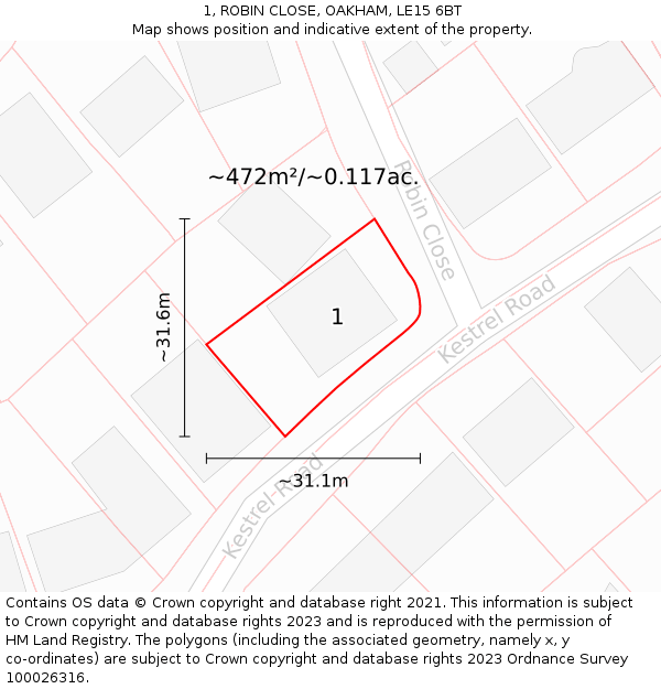 1, ROBIN CLOSE, OAKHAM, LE15 6BT: Plot and title map