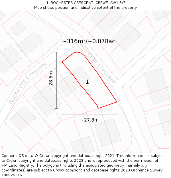 1, ROCHESTER CRESCENT, CREWE, CW1 5YF: Plot and title map