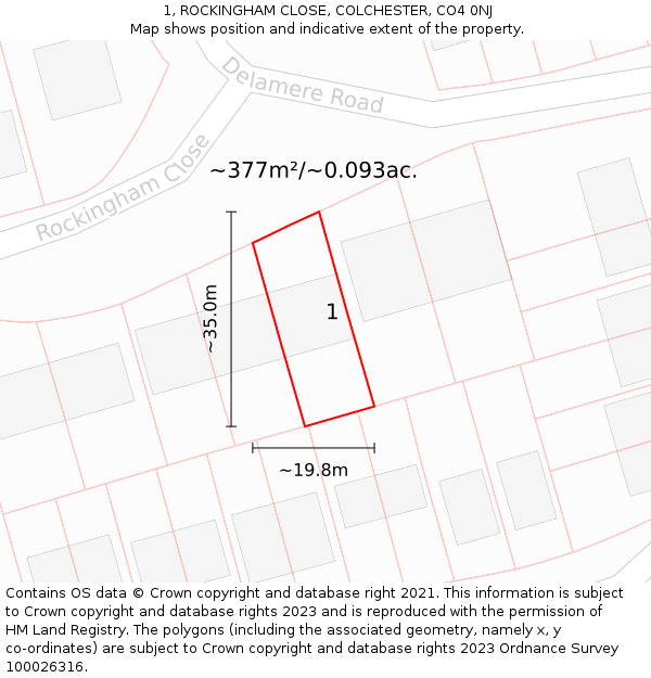 1, ROCKINGHAM CLOSE, COLCHESTER, CO4 0NJ: Plot and title map