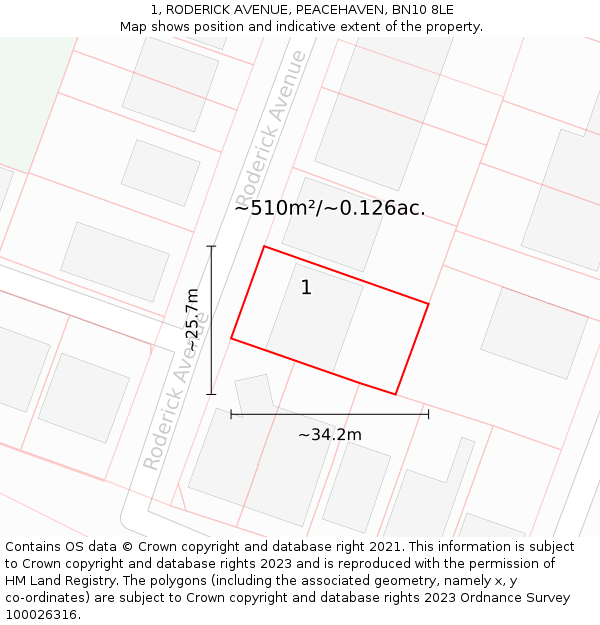 1, RODERICK AVENUE, PEACEHAVEN, BN10 8LE: Plot and title map