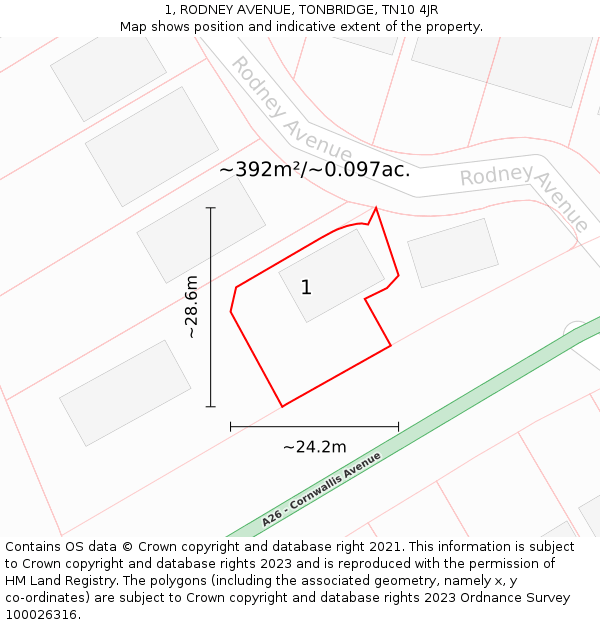 1, RODNEY AVENUE, TONBRIDGE, TN10 4JR: Plot and title map