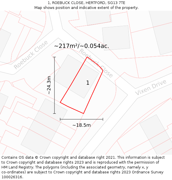 1, ROEBUCK CLOSE, HERTFORD, SG13 7TE: Plot and title map