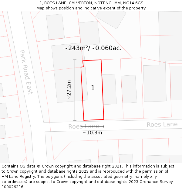1, ROES LANE, CALVERTON, NOTTINGHAM, NG14 6GS: Plot and title map