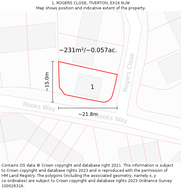 1, ROGERS CLOSE, TIVERTON, EX16 6UW: Plot and title map