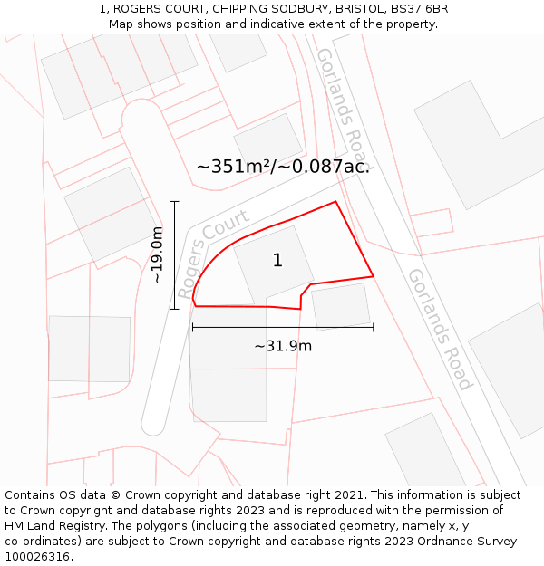 1, ROGERS COURT, CHIPPING SODBURY, BRISTOL, BS37 6BR: Plot and title map