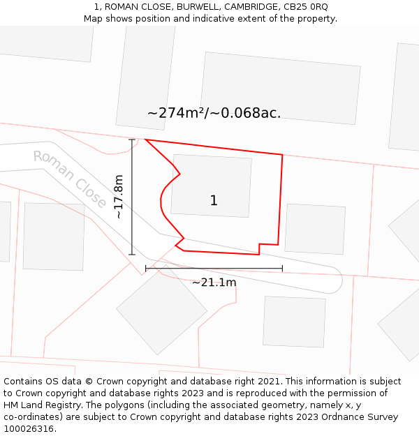 1, ROMAN CLOSE, BURWELL, CAMBRIDGE, CB25 0RQ: Plot and title map