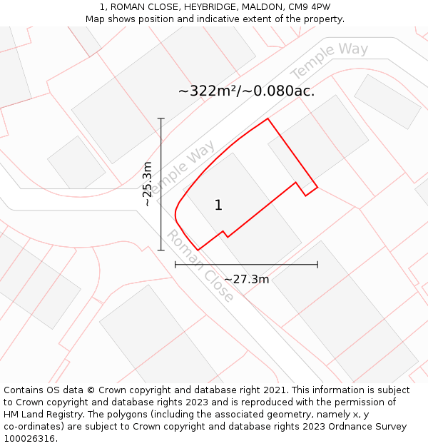 1, ROMAN CLOSE, HEYBRIDGE, MALDON, CM9 4PW: Plot and title map