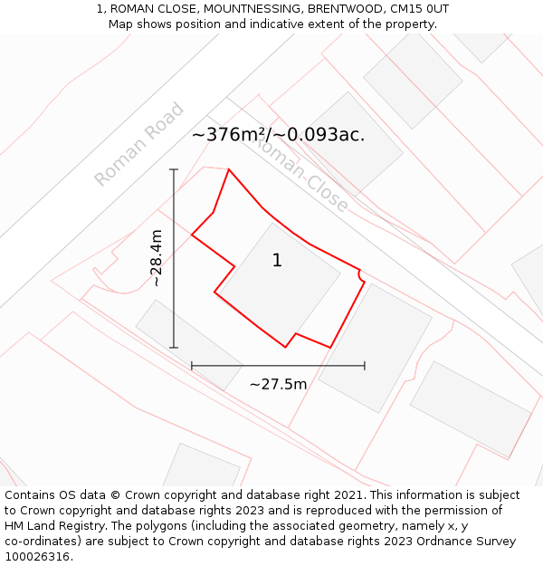 1, ROMAN CLOSE, MOUNTNESSING, BRENTWOOD, CM15 0UT: Plot and title map