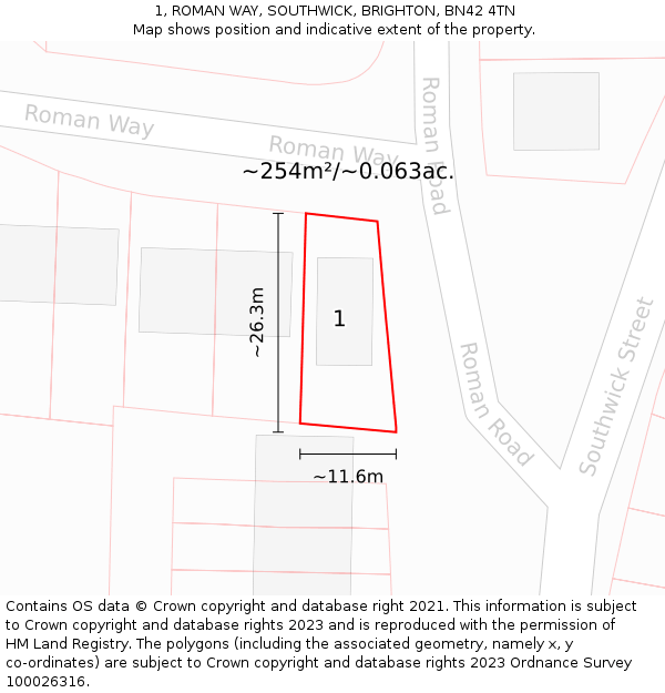 1, ROMAN WAY, SOUTHWICK, BRIGHTON, BN42 4TN: Plot and title map