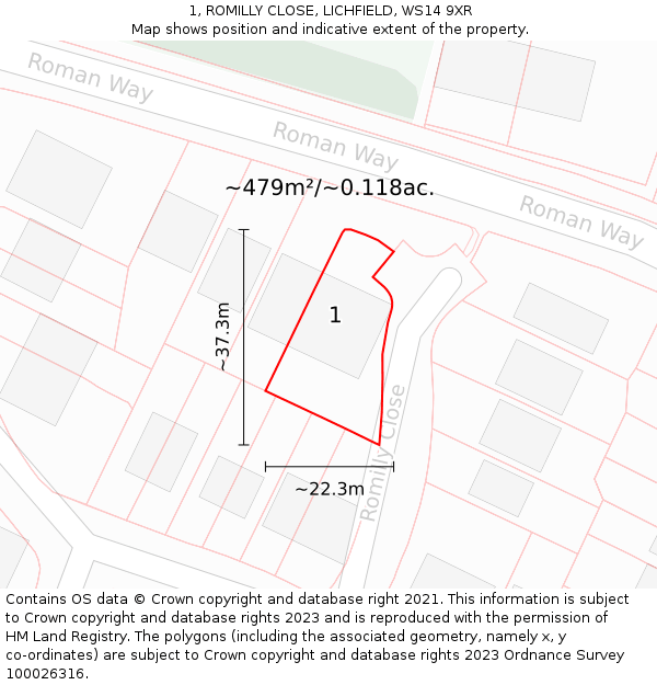 1, ROMILLY CLOSE, LICHFIELD, WS14 9XR: Plot and title map