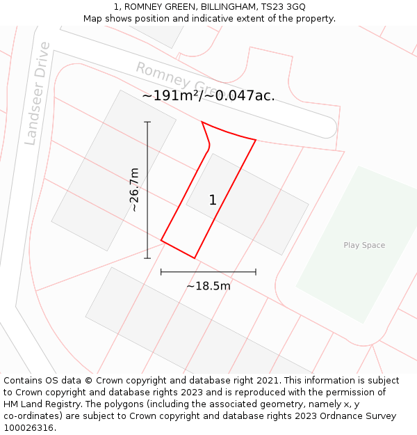 1, ROMNEY GREEN, BILLINGHAM, TS23 3GQ: Plot and title map