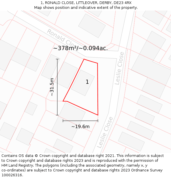 1, RONALD CLOSE, LITTLEOVER, DERBY, DE23 4RX: Plot and title map