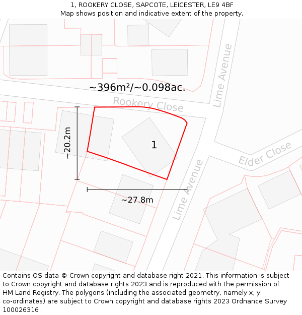 1, ROOKERY CLOSE, SAPCOTE, LEICESTER, LE9 4BF: Plot and title map