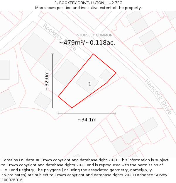 1, ROOKERY DRIVE, LUTON, LU2 7FG: Plot and title map