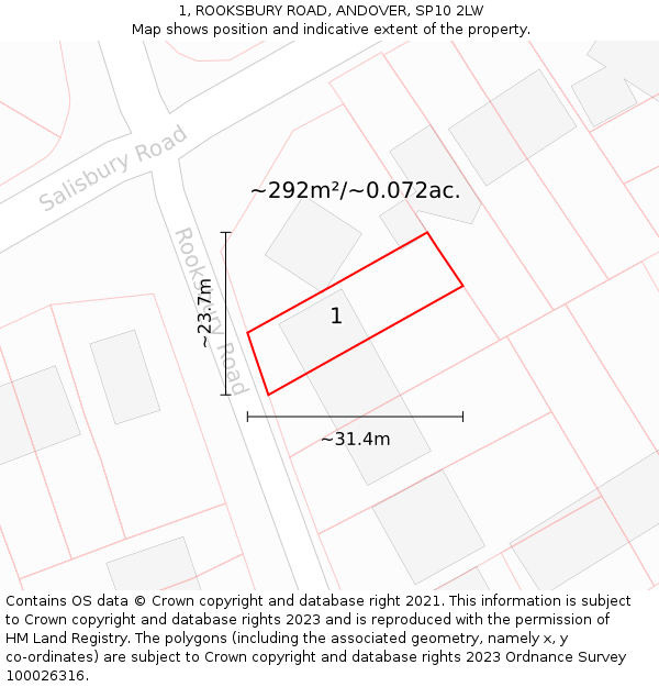 1, ROOKSBURY ROAD, ANDOVER, SP10 2LW: Plot and title map