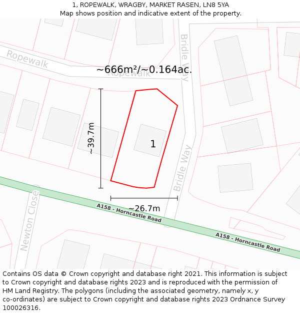 1, ROPEWALK, WRAGBY, MARKET RASEN, LN8 5YA: Plot and title map