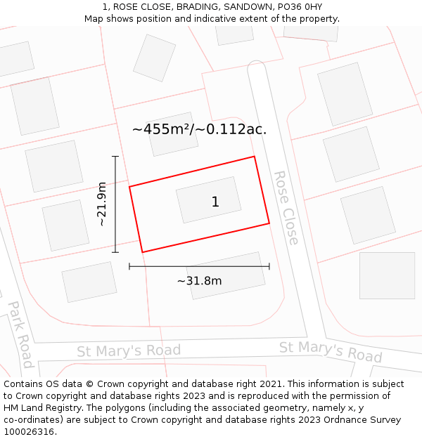 1, ROSE CLOSE, BRADING, SANDOWN, PO36 0HY: Plot and title map