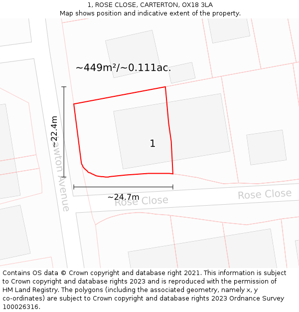 1, ROSE CLOSE, CARTERTON, OX18 3LA: Plot and title map