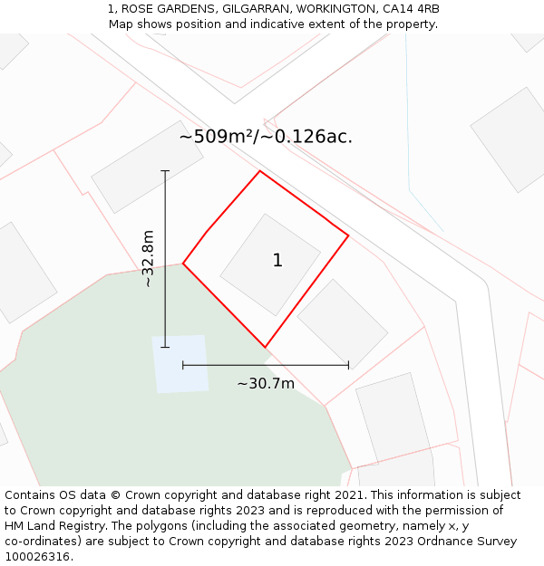 1, ROSE GARDENS, GILGARRAN, WORKINGTON, CA14 4RB: Plot and title map