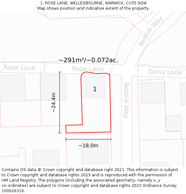 1, ROSE LANE, WELLESBOURNE, WARWICK, CV35 9QW: Plot and title map