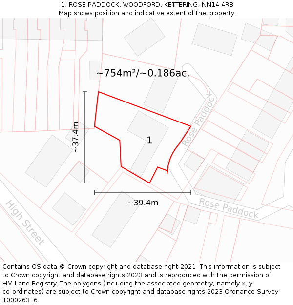 1, ROSE PADDOCK, WOODFORD, KETTERING, NN14 4RB: Plot and title map