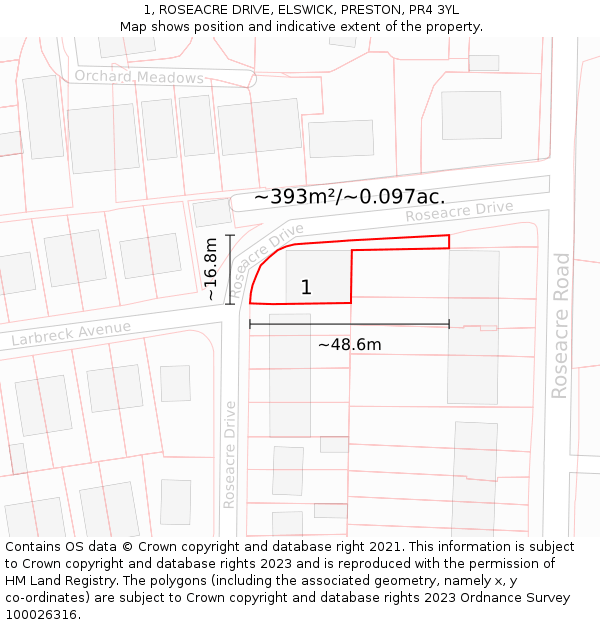 1, ROSEACRE DRIVE, ELSWICK, PRESTON, PR4 3YL: Plot and title map