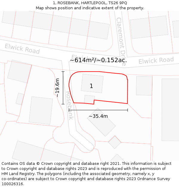 1, ROSEBANK, HARTLEPOOL, TS26 9PQ: Plot and title map