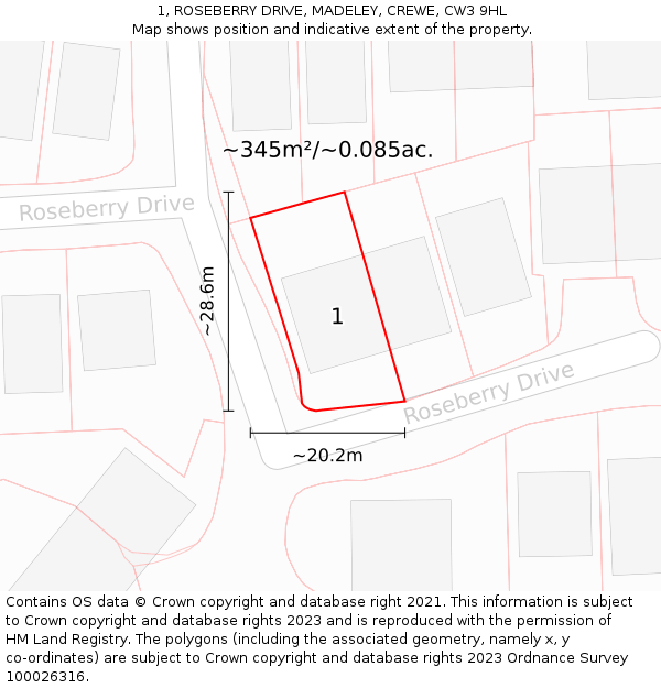 1, ROSEBERRY DRIVE, MADELEY, CREWE, CW3 9HL: Plot and title map