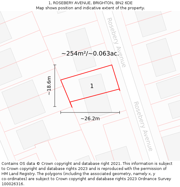 1, ROSEBERY AVENUE, BRIGHTON, BN2 6DE: Plot and title map