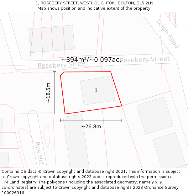 1, ROSEBERY STREET, WESTHOUGHTON, BOLTON, BL5 2LN: Plot and title map