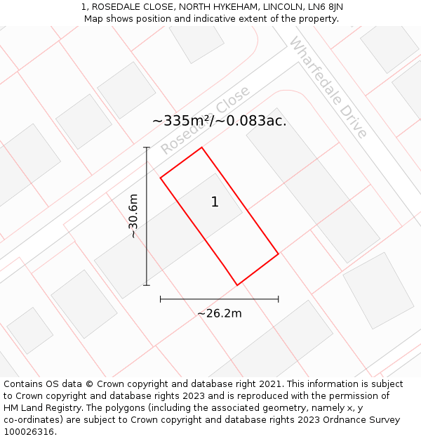 1, ROSEDALE CLOSE, NORTH HYKEHAM, LINCOLN, LN6 8JN: Plot and title map