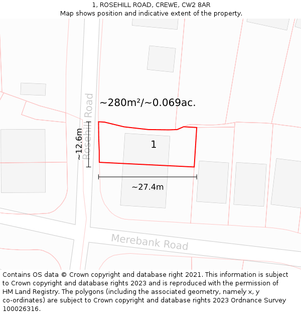 1, ROSEHILL ROAD, CREWE, CW2 8AR: Plot and title map