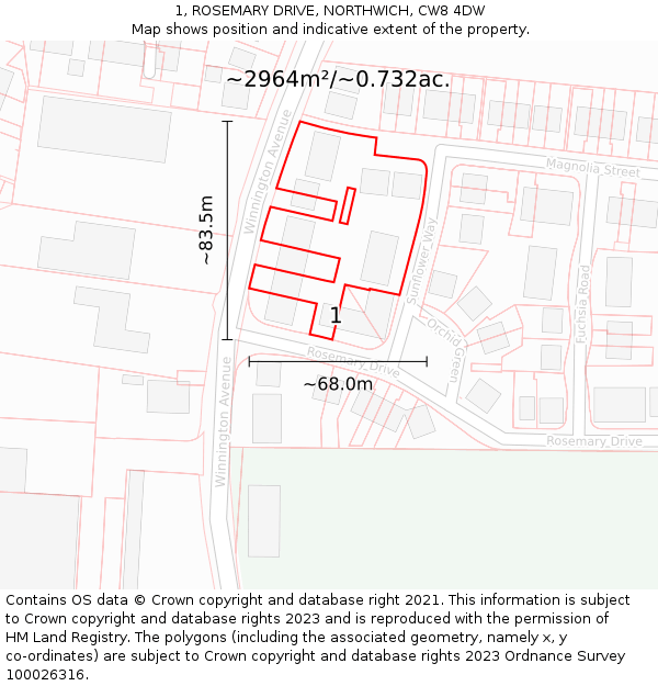 1, ROSEMARY DRIVE, NORTHWICH, CW8 4DW: Plot and title map