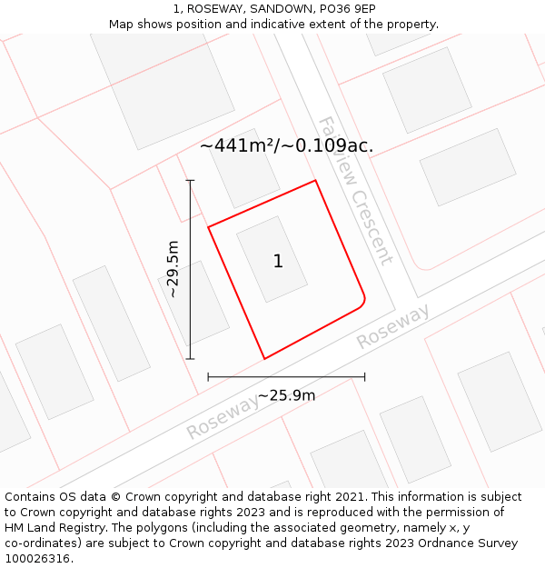 1, ROSEWAY, SANDOWN, PO36 9EP: Plot and title map