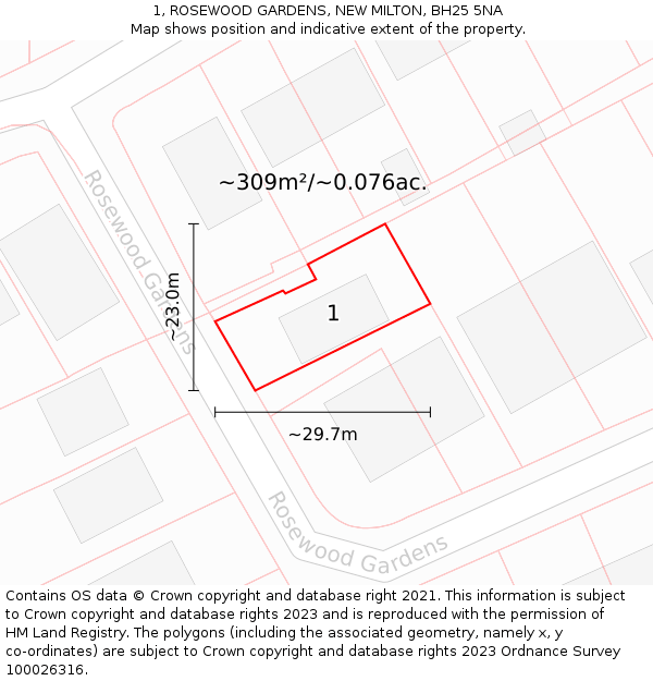 1, ROSEWOOD GARDENS, NEW MILTON, BH25 5NA: Plot and title map