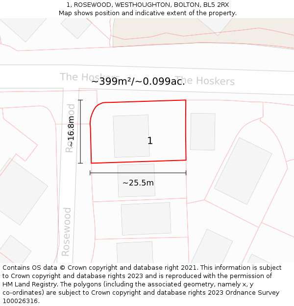 1, ROSEWOOD, WESTHOUGHTON, BOLTON, BL5 2RX: Plot and title map