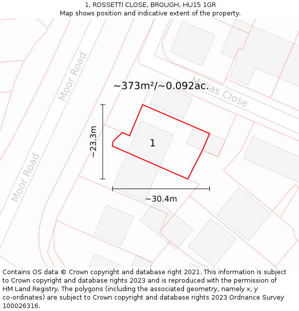 1, ROSSETTI CLOSE, BROUGH, HU15 1GR: Plot and title map