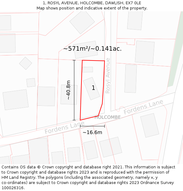 1, ROSYL AVENUE, HOLCOMBE, DAWLISH, EX7 0LE: Plot and title map