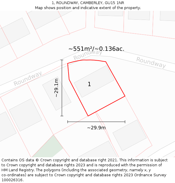 1, ROUNDWAY, CAMBERLEY, GU15 1NR: Plot and title map