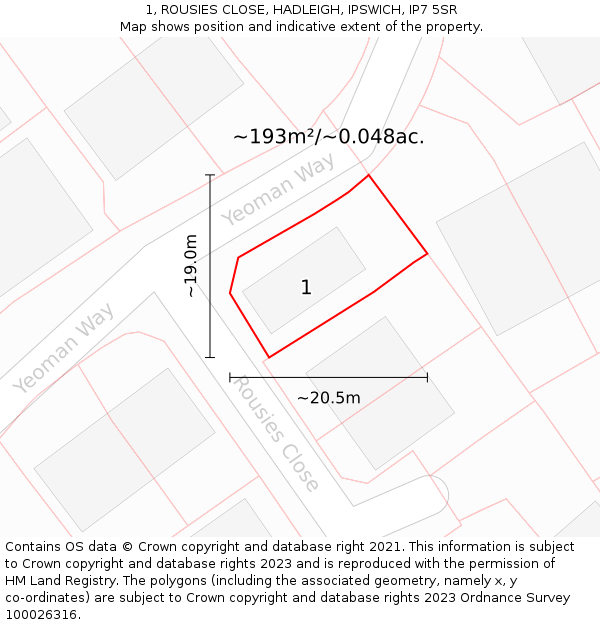 1, ROUSIES CLOSE, HADLEIGH, IPSWICH, IP7 5SR: Plot and title map