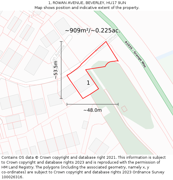 1, ROWAN AVENUE, BEVERLEY, HU17 9UN: Plot and title map