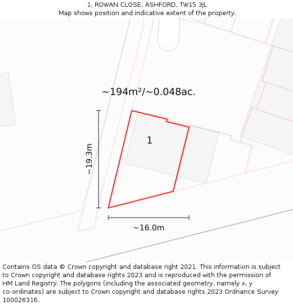 1, ROWAN CLOSE, ASHFORD, TW15 3JL: Plot and title map