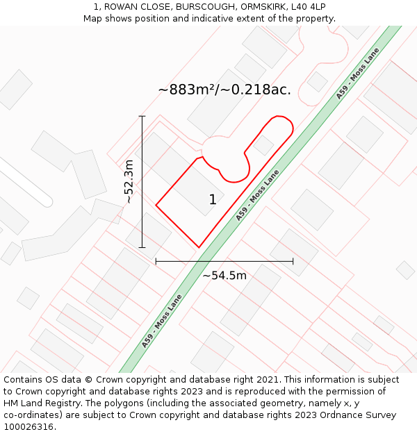 1, ROWAN CLOSE, BURSCOUGH, ORMSKIRK, L40 4LP: Plot and title map