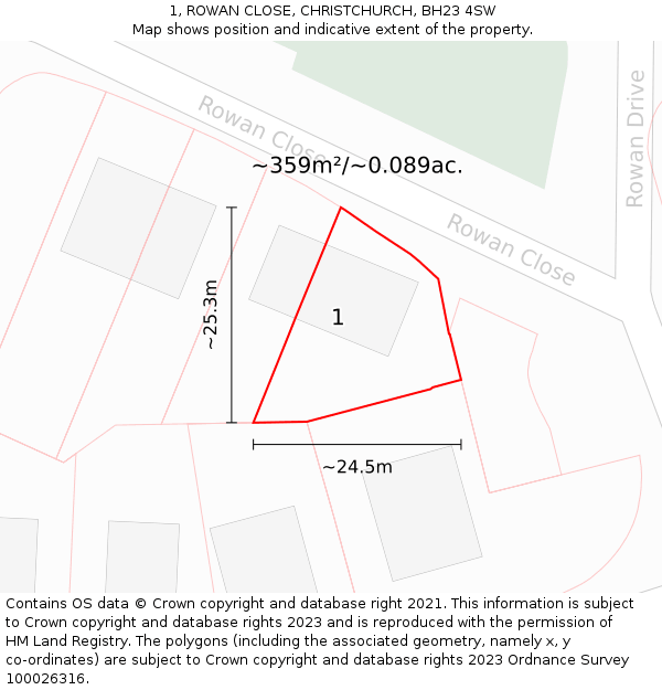 1, ROWAN CLOSE, CHRISTCHURCH, BH23 4SW: Plot and title map