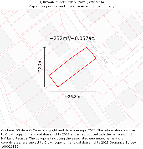 1, ROWAN CLOSE, MIDDLEWICH, CW10 0TA: Plot and title map