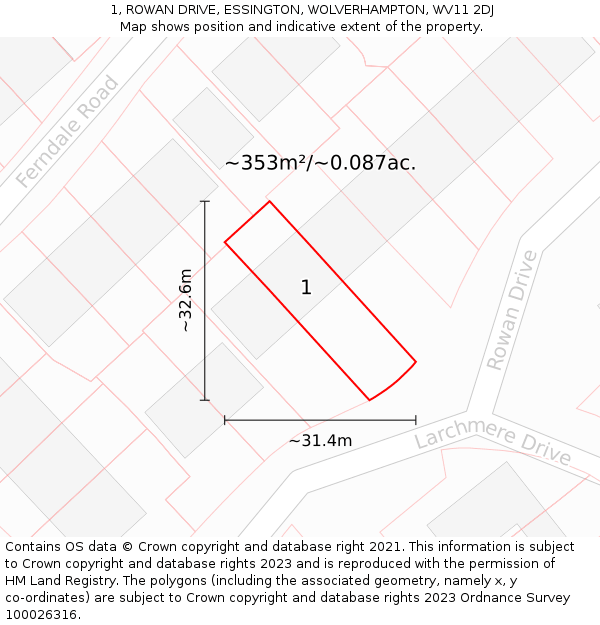 1, ROWAN DRIVE, ESSINGTON, WOLVERHAMPTON, WV11 2DJ: Plot and title map