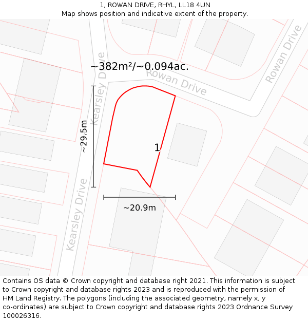 1, ROWAN DRIVE, RHYL, LL18 4UN: Plot and title map