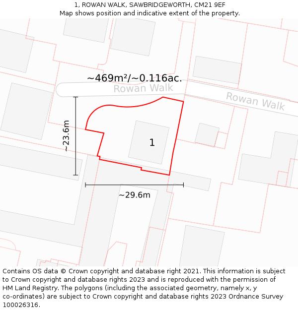 1, ROWAN WALK, SAWBRIDGEWORTH, CM21 9EF: Plot and title map