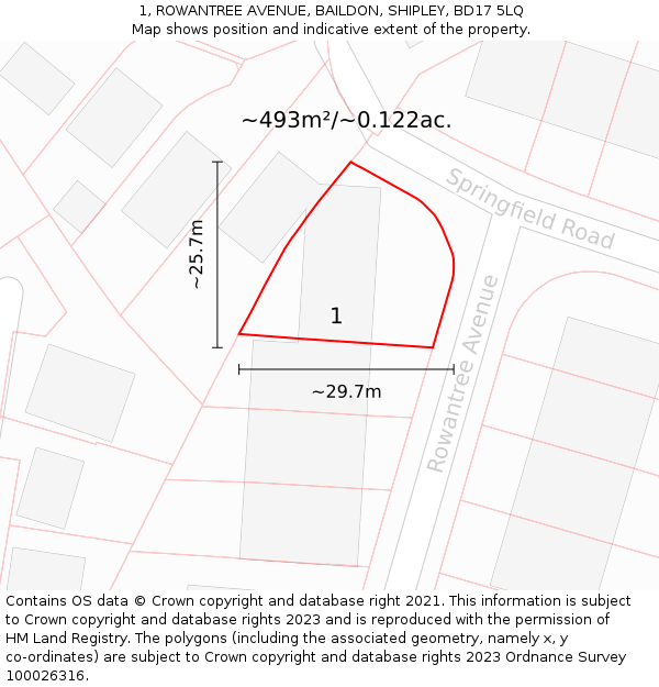 1, ROWANTREE AVENUE, BAILDON, SHIPLEY, BD17 5LQ: Plot and title map